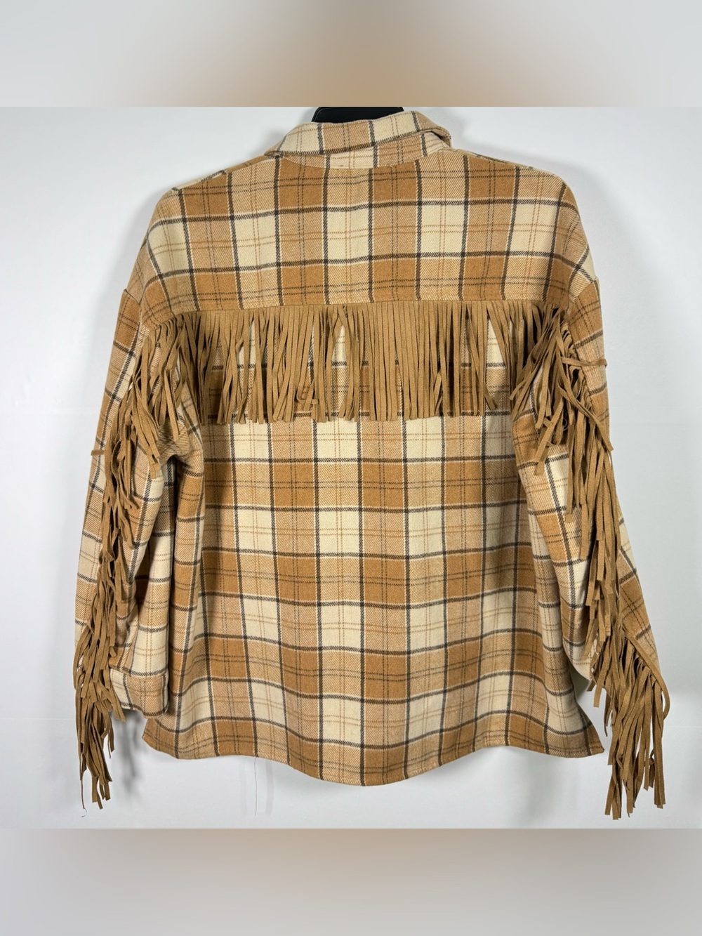 FLYING TOMATO Women's Brown Plaid Fringe Fleece Button Front Shacket Jacket Sz M